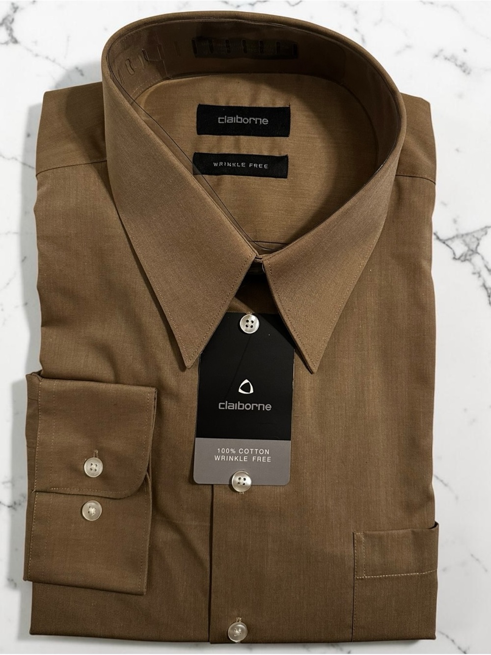 Claiborne Men’s Dress Shirt 18 34-35 XXL Tan Khaki 100% Cotton NWT
